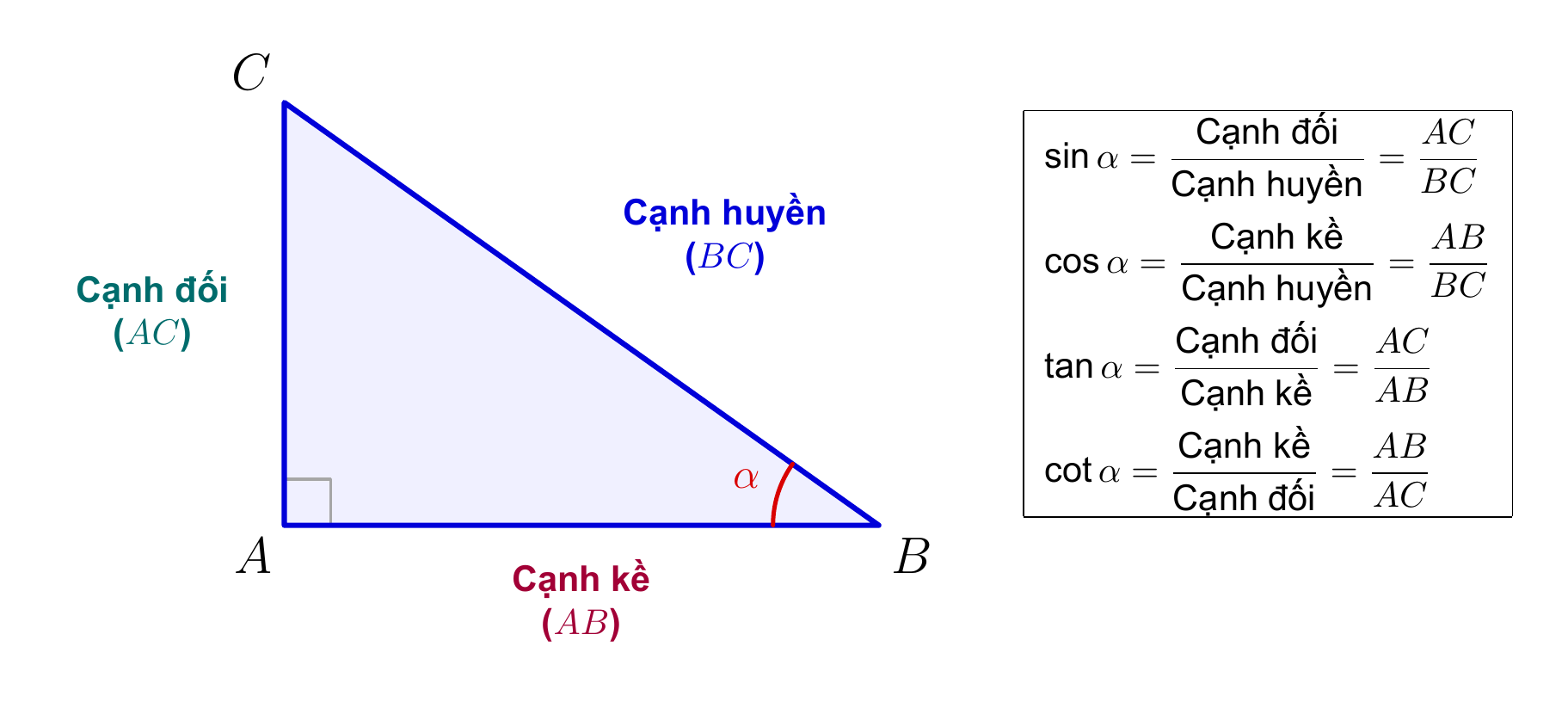 Định nghĩa tỉ số lượng giác tam giác vuông