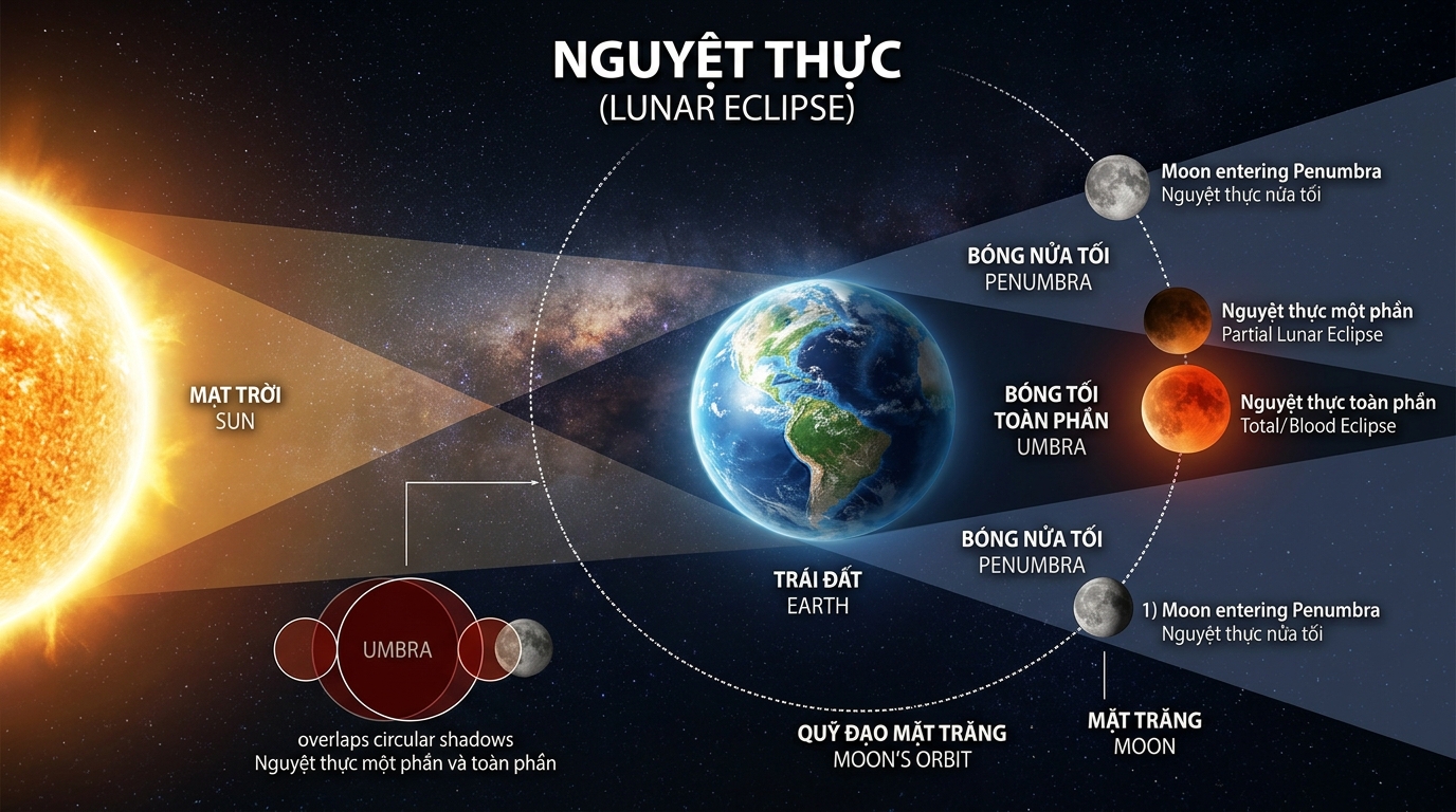 Hiện tượng Nguyệt thực minh họa vị trí tương đối của hai đường tròn