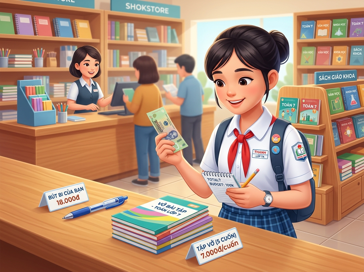 Bạn Thanh mua bút và vở
